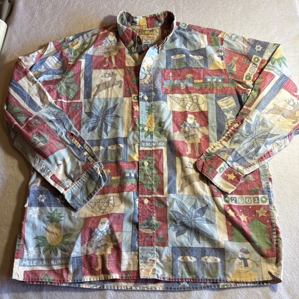 VTG 2001 Reyn Spooner‎ XL Hawaiian Christmas Shirt Mele Kalikimaka Long Sleeve